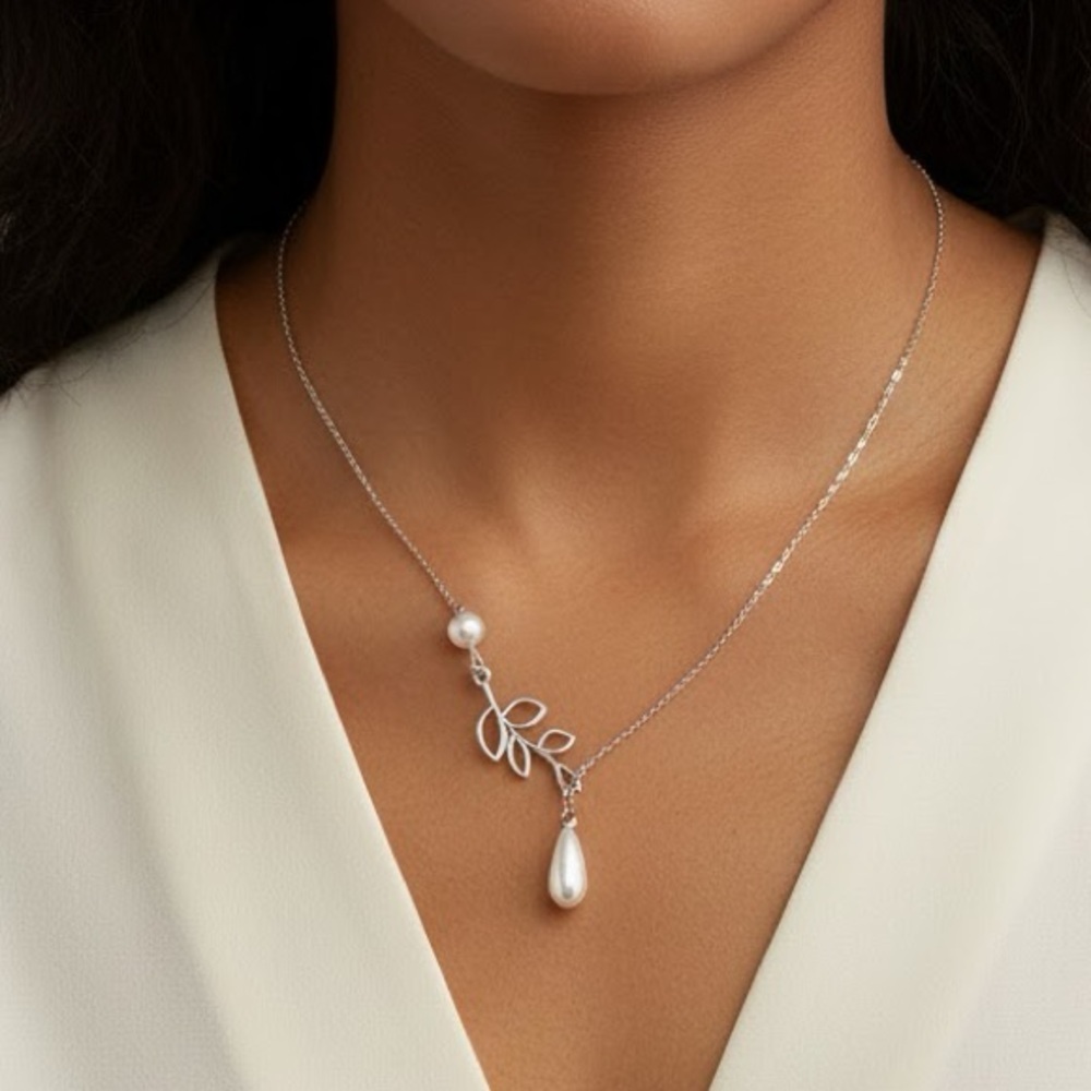 Olive Branch Leaf Pendant Silver Necklace with Pearl Accents